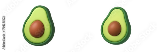 Realistic avocado halves displayed with a brown pit in the center, showcasing vibrant green colors and smooth textures in a neutral background