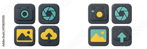 Various icon designs representing photography and image uploading functionality in a digital environment