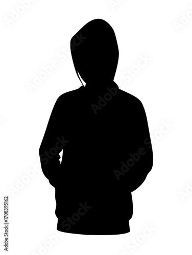Silhouette of a young man wearing a hoodie standing against white background .vector icon men 
