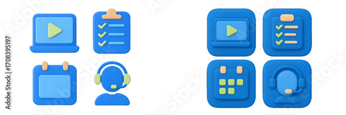 Colorful flat design icons representing various digital activities and tools for scheduling, tutorials, and support
