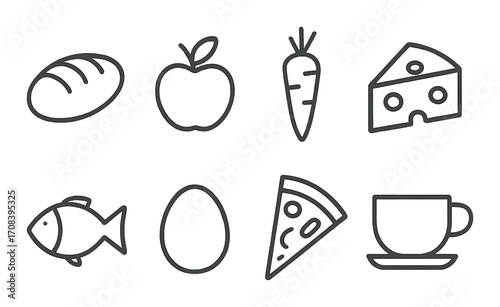Minimalist food icons: bread, apple, carrot, cheese, fish, egg, pizza, cup on brown background