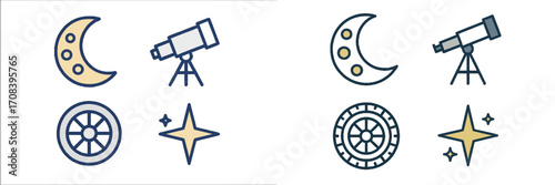 Explore celestial wonders with telescopes and lunar symbols in an artistic design featuring celestial themes