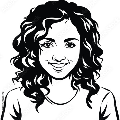 Smiling young woman with dark curly hair in a monochrome portrait stands still