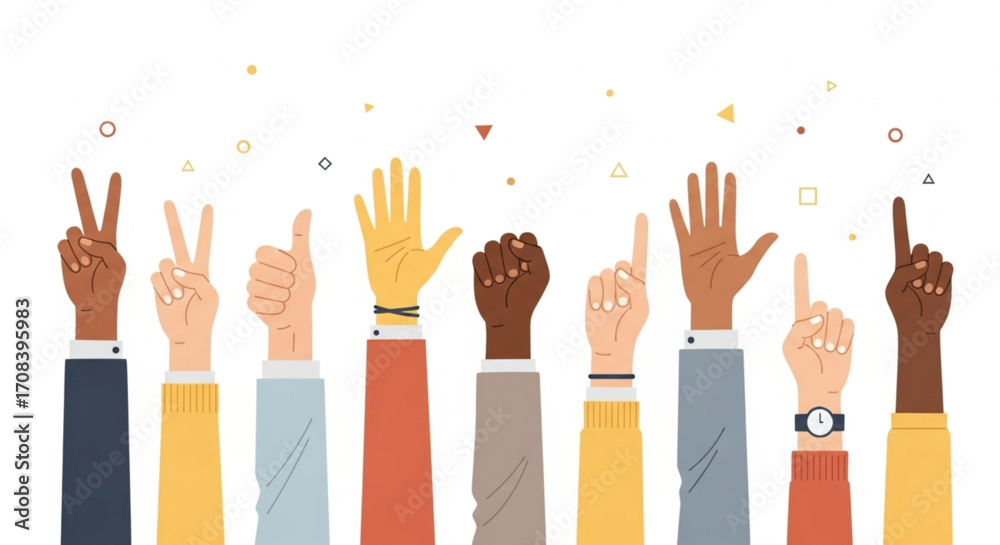 Fototapeta premium A vibrant collection of multicultural hands raised together, symbolizing unity, diversity, and collective action