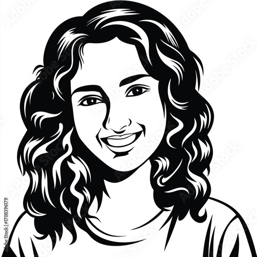 Joyful young woman with curly hair smiles in a black and white portrait
