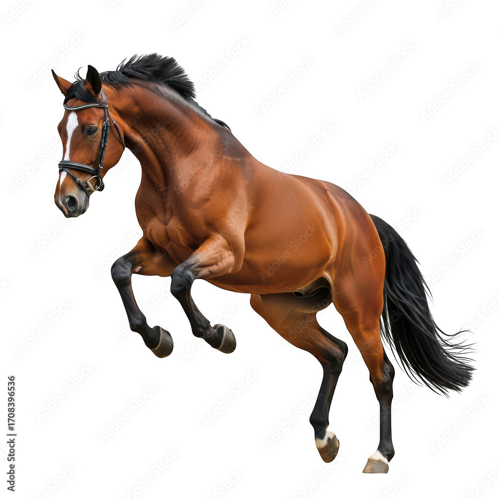 Naklejka premium Beautiful brown horse jumping isolated on transparent background