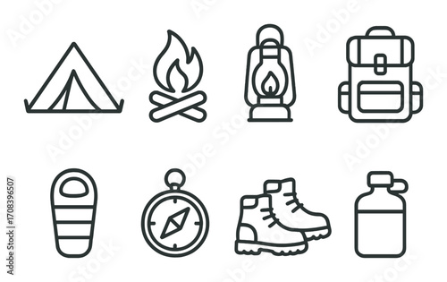 Camping icon set featuring tent, campfire, lantern, backpack, sleeping bag, compass, boots, and canteen