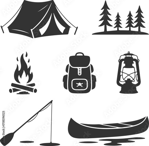 Set of vintage monochrome icons for camping, hiking and outdoor adventure activities