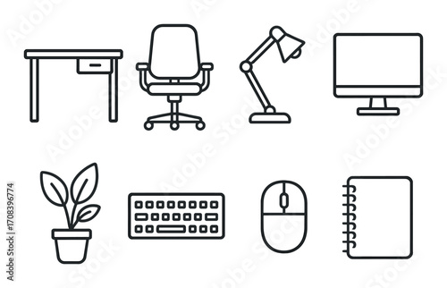 Office furniture and equipment icons: desk, chair, lamp, computer, plant, keyboard, mouse, notebook