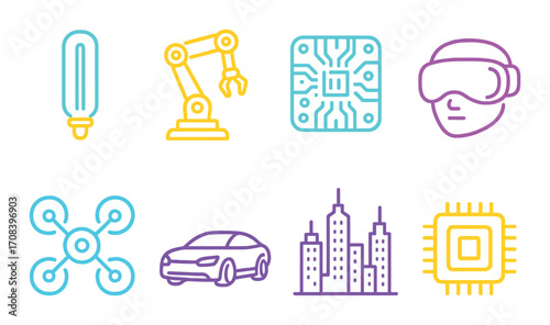 Neon icons: robotics, vr, drone, and technology symbols in vibrant colors