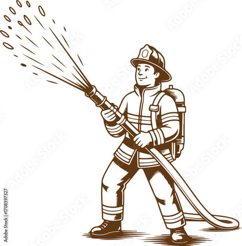 Firefighter in Action A Brave Man Using a Fire Hose to Extinguish a Blaze