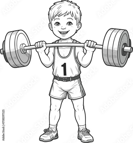 Boy lifting barbell cartoon, athletic child, strength and confidence, sports character, weightlifting pose, tank top, stylized illustration, fitness icon