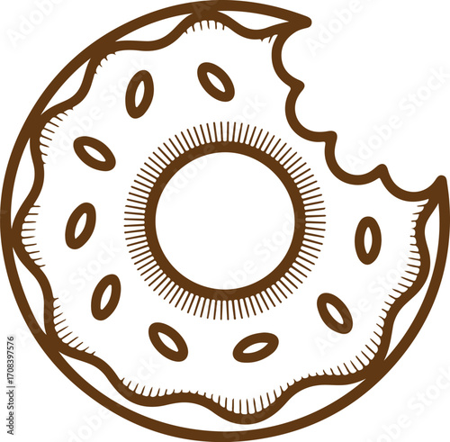 Vector illustration of a delicious bitten donut with frosting and sprinkles in a sketch style