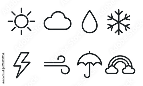 Weather symbols set: sun, cloud, rain, snowflake, lightning, wind, umbrella, rainbow