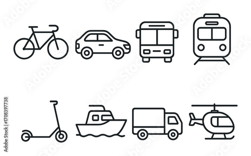 Black linear icons of various transportation modes on gradient background