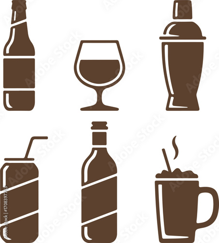 Vector illustration set featuring different types of drinks containers and glasses for menus or web