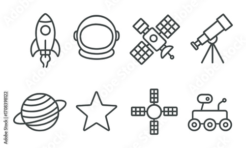 Space exploration icons: rocket, astronaut, satellite, telescope, planet, star, rover