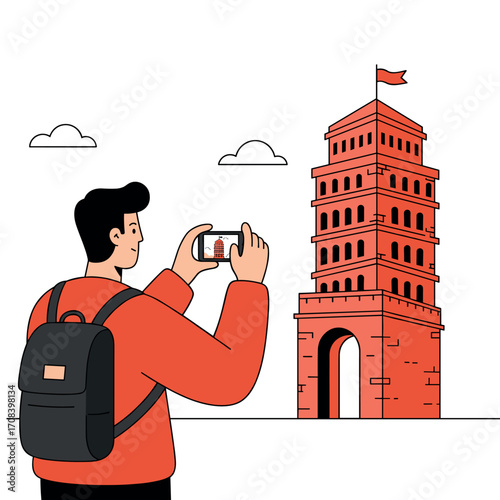Tourist taking photos of historical landmark city square digital art urban environment side view travel experience. Vector illustration