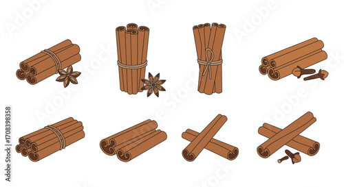 Cinnamon sticks and star anise spices with transparent background