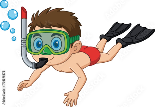Child snorkeling underwater cartoon, red swim trunks, green mask, black fins, bubbles, swimming pose, aquatic activity, playful illustration, stylized graphic