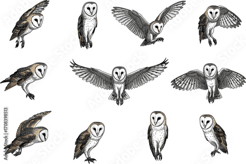 PrintBarn owl illustrations in diverse flying, landing, and standing poses, detailed wildlife art, nocturnal bird drawings, nature, birdwatching collection.