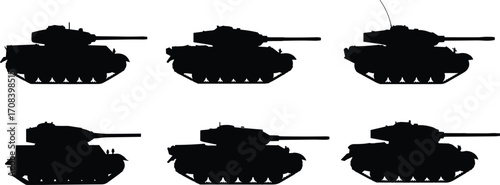 Tank silhouette illustration, military vehicle vector, black and white design, armored warfare, turret profile, war machine, combat icon, defense graphic