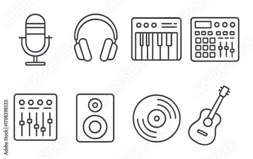 Music equipment icons: microphone, headphones, keyboard, mixer, vinyl, guitar