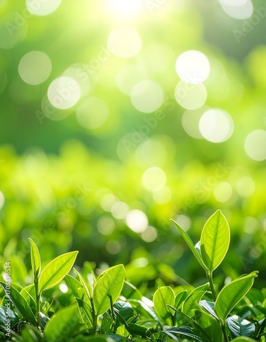 Close-up of vibrant green leaves, sunlit bokeh background