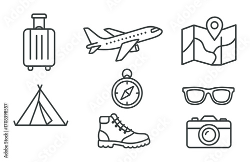 Travel icons: luggage, airplane, map, tent, compass, boots, sunglasses, camera