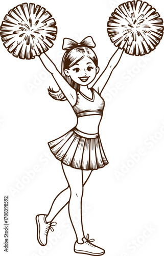 Vintage style line art drawing of a happy young cheerleader with pom-poms