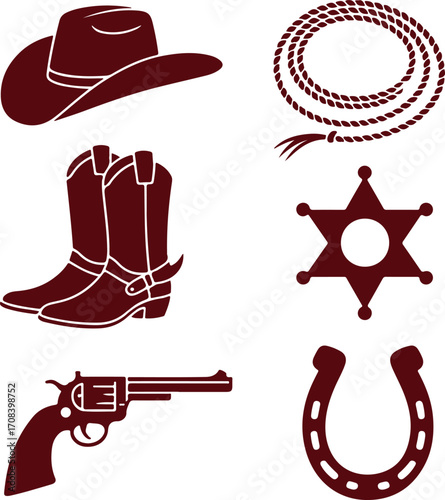 A collection of vintage Western icons including a cowboy hat, boots, and revolver