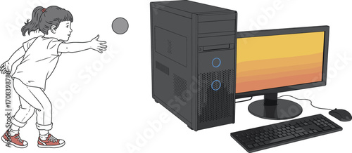 Child throwing ball at computer, playful tech interaction, desktop setup, casual outfit, metaphorical illustration, digital device, cartoon-style graphic, humor concept