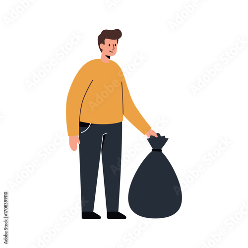 Waste management action man disposing trash in urban environment illustrative content cleanliness concept. Vector illustration