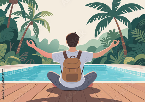 Meditation by Tropical Pool Vector