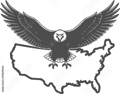 American Bald Eagle Mascot with Spread Wings Flying Over USA Map Outline Vector Illustration