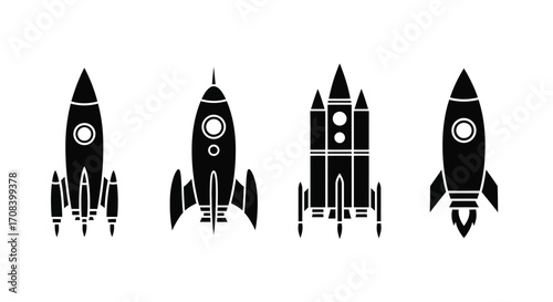 Four stylized black rocket ships in a row with fiery exhaust trails on white vector