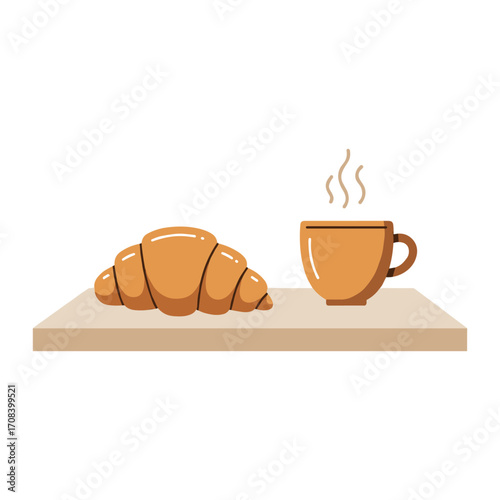 Savoring a delightful breakfast with croissant and coffee cozy setting tranquil atmosphere gourmet food presentation. Vector illustration