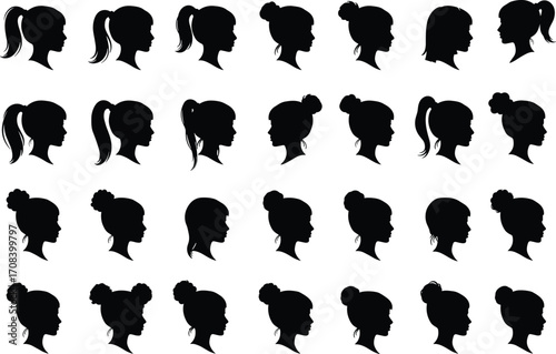 PrintCollection of Female Head Silhouettes with Diverse Hairstyles in Profile View for Hair Salon, Fashion Design, or Beauty Concepts