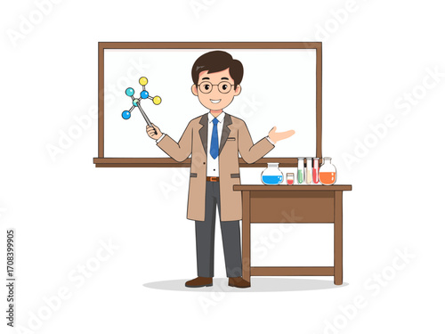 Illustration of a chemistry teacher in a lab coat pointing to a molecule on a whiteboard.