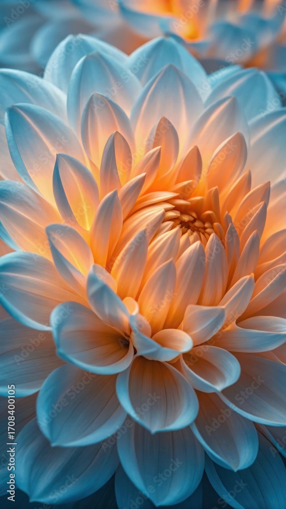 Obraz premium Closeup of a dahlia flower with delicate petals, illuminated by a soft, warm light in the center