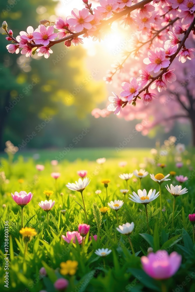 Fototapeta premium Sunlight dapples through blossoming branches, illuminating a vibrant meadow bursting with wildflowers and lush green grass A perfect representation of carefree spring energy , botany, spring
