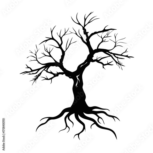 silhouette of tree roots, Silhouette of a leafless tree with sprawling roots and twisted branche