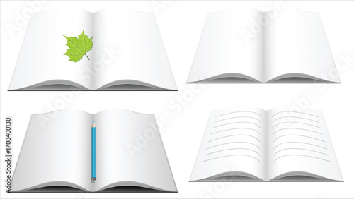 Open books with various contents shown.