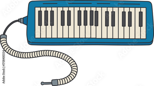 Melodica illustration, keyboard wind instrument, outline and colored version, music education, red base, blue container, flexible tube, stylized graphic