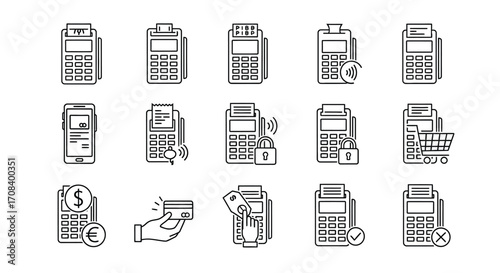 Collection of payment terminals and credit card transaction icons for digital commerce and financial services vector