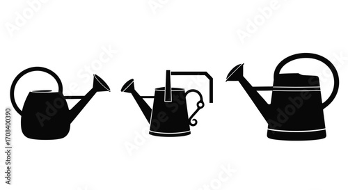Collection of three black silhouettes of vintage watering cans for gardening and plant care vector