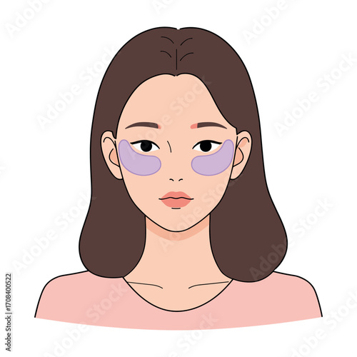 Applying under-eye patches for skincare home personal care routine indoor beauty tips. Vector illustration