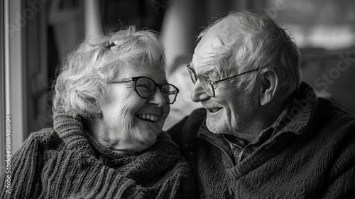 A black and white portrait of a happy elderly couple, deeply in love, sharing a tender moment