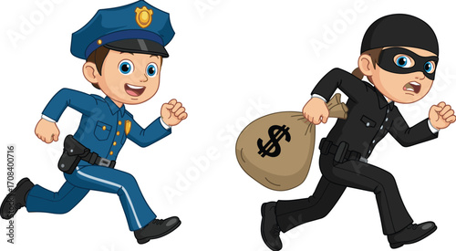 Police chasing thief cartoon, law enforcement illustration, stolen money sack, crime pursuit, justice icon, masked criminal, blue uniform, stylized graphic