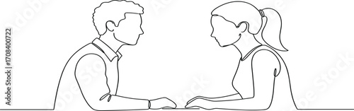 Two people talking at table silhouette, black and white vector illustration, communication, counseling, discussion icon, relationship interaction art